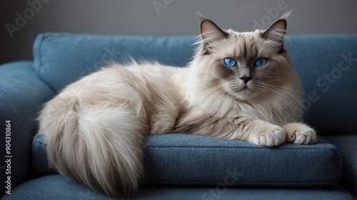 A fluffy Ragdoll cat with blue eyes relaxes on a gray couch.