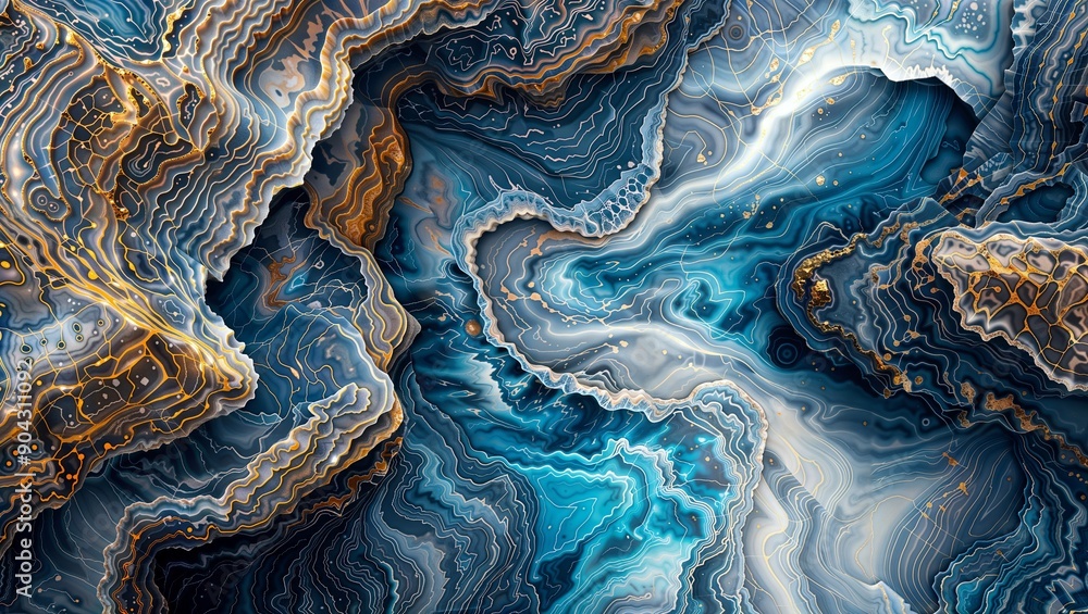 Cosmic Geode. Swirling blue and gold abstract patterns resembling a cross-section of an ethereal geode or cosmic nebula.