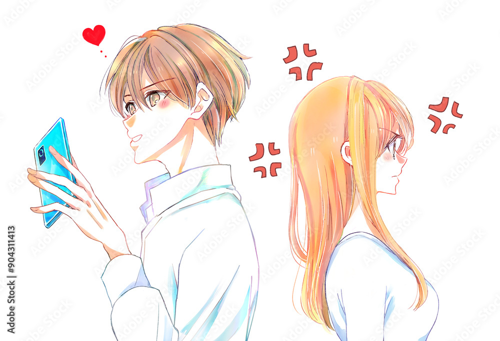 スマホを夢中で見ている男性と怒る女性