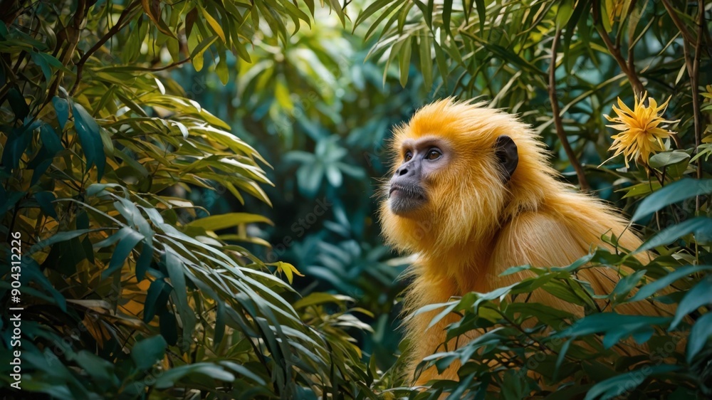 Inquisitive Golden Langur Monkey Peering Through Lush Foliage. Inquisitive Golden Langur Monkey Peering Through Lush Foliage.