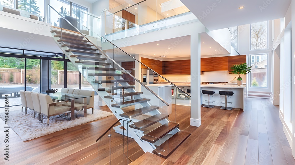 Modern style open kitchen glass railings wooden staircase and elegant interior design