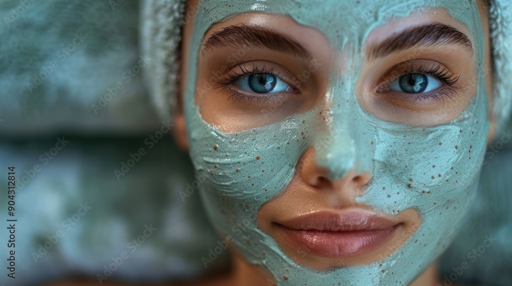 A woman with a light gray face mask. Her eyes are open and looking at the viewer A woman with a light gray face mask. Her eyes are open and looking at the viewer