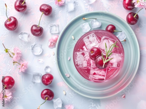 Cherry Drink with Ice and Rosemary on a Blue Plate