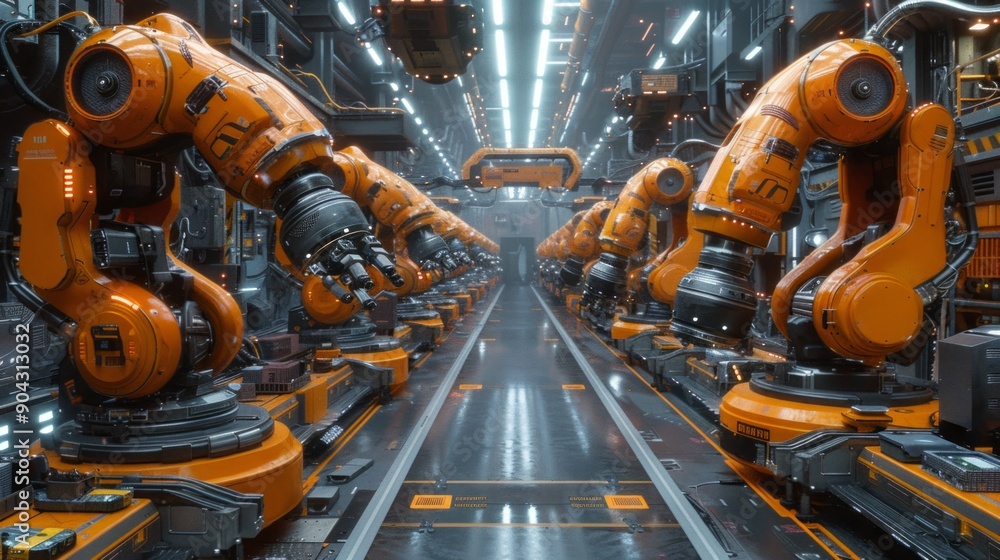 an empty futuristic factory with robotic arms and conveyor belts. an empty futuristic factory with robotic arms and conveyor belts.