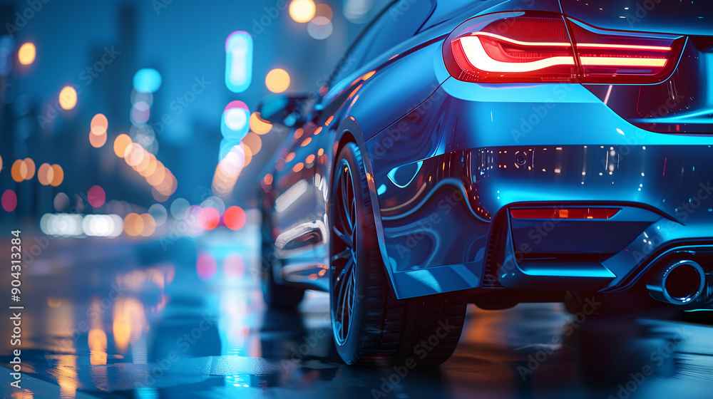 A car is parked on a wet street at night