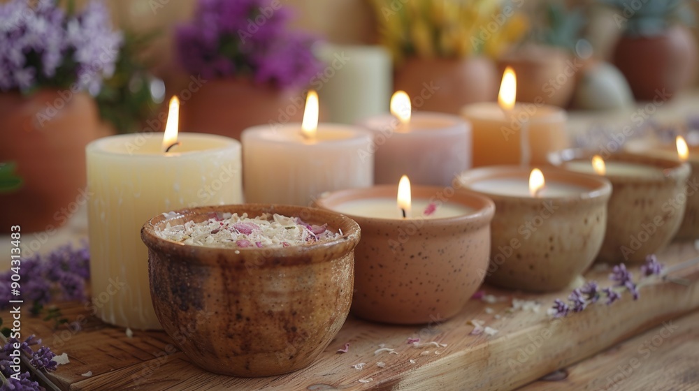 Several candles in various shades of beige, pink, and light purple, in different shaped ceramic holders. Flowers and wooden surface are visible Several candles in various shades of beige, pink, and light purple, in different shaped ceramic holders. Flowers and wooden surface are visible