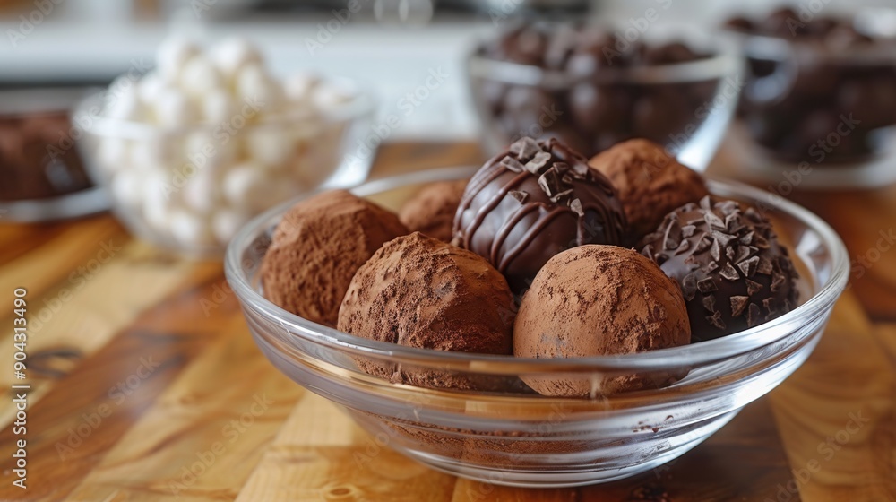 Small glass bowls of chocolate truffles, some dark, some light, with white marshmallows in a separate bowl Small glass bowls of chocolate truffles, some dark, some light, with white marshmallows in a separate bowl