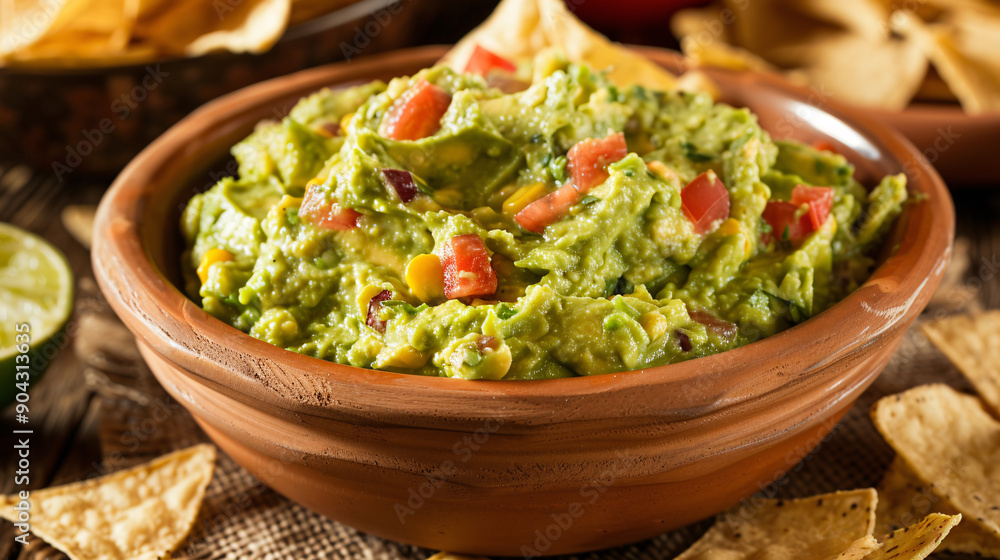 Bowl of guacamole with corn chips Bowl of guacamole with corn chips