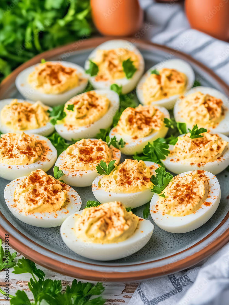Deviled eggs with paprika and parsley on a plate Deviled eggs with paprika and parsley on a plate