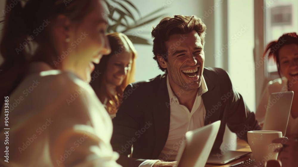 Happy businessman is laughing happily in a meeting with his co-workers.He's the one that brings humour to the team Happy businessman is laughing happily in a meeting with his co-workers.He's the one that brings humour to the team