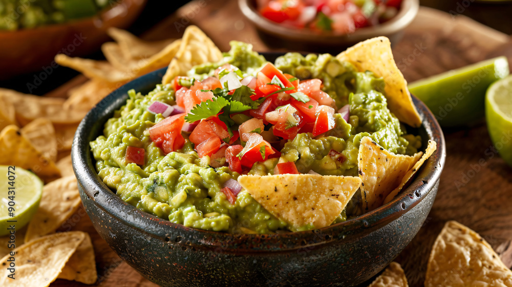 Bowl of guacamole with tortilla chips and salsa Bowl of guacamole with tortilla chips and salsa