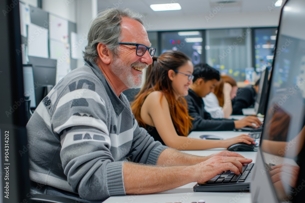 Supportive Teacher Assisting Adult Learner with Computer Skills in Collaborative Modern Classroom Supportive Teacher Assisting Adult Learner with Computer Skills in Collaborative Modern Classroom