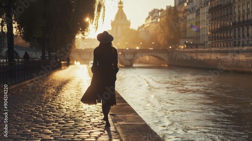 Elegant French woman strolling along the Seine River, Parisian fashion and lifestyle photo