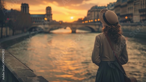 Elegant French woman strolling along the Seine River, Parisian fashion and lifestyle photo