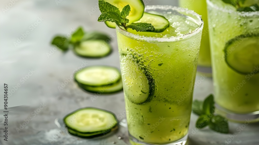 A refreshing cucumber and mint frozen drink in a tall glass, with slices of cucumber and a sprig of mint A refreshing cucumber and mint frozen drink in a tall glass, with slices of cucumber and a sprig of mint