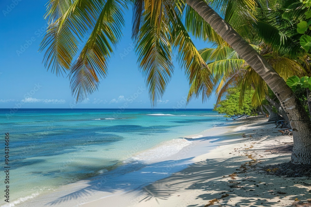 Obraz premium Palm tree-lined tropical beach, vibrant blue sea, white sand, clear backdrop, open copy space, bright and sunny,