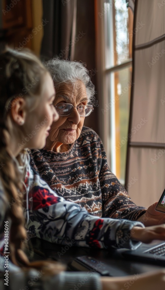 Fototapeta premium Senior Woman Learning Video Calling with Volunteer Assistance in Community Workshop