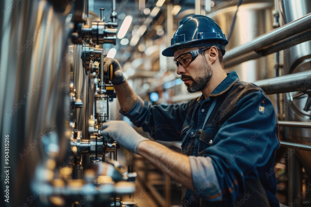 A technician in a modern brewery facility monitors the brewing process, ensuring quality control and efficiency A technician in a modern brewery facility monitors the brewing process, ensuring quality control and efficiency