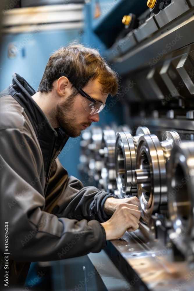 Precision Engineering: Operator Inspecting CNC Machined Part in Industrial Setting Precision Engineering: Operator Inspecting CNC Machined Part in Industrial Setting
