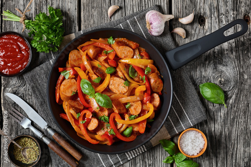 zesty italian sausage peppers and onions, top view