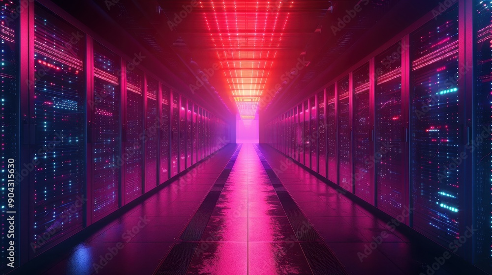 A long hallway with many computer servers. The servers are lit up in a neon pink and blue color A long hallway with many computer servers. The servers are lit up in a neon pink and blue color