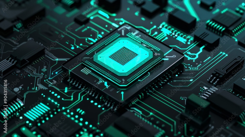 Close up photo of teal pcb printecd circuit board electric paths
Close up photo of teal pcb printecd circuit board electric paths