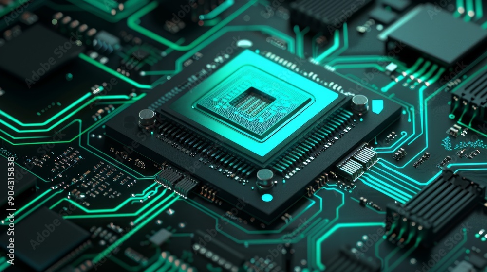 Close up photo of teal pcb printecd circuit board electric paths
Close up photo of teal pcb printecd circuit board electric paths