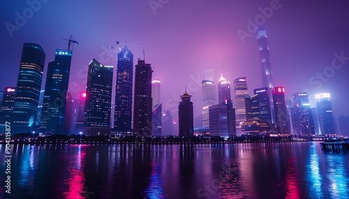 A vibrant cityscape of modern skyscrapers reflecting on the water at night, illuminated with neon pink and blue lights, creating a futuristic atmosphere.