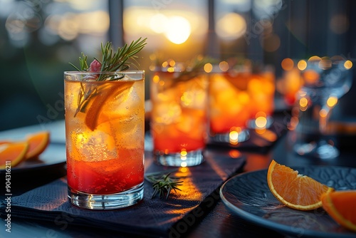 a row of drinks on a table.