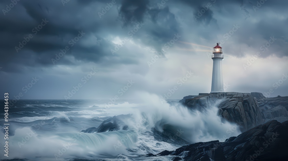 A solitary lighthouse standing tall on a rugged coastline, overlooking a stormy sea A solitary lighthouse standing tall on a rugged coastline, overlooking a stormy sea