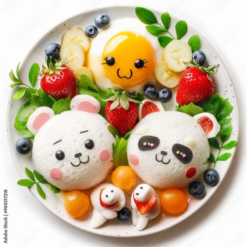 Medium shot of Breakfast with animal face, isolated on a white background, Medium shot of Breakfast with animal face, isolated on a white background,