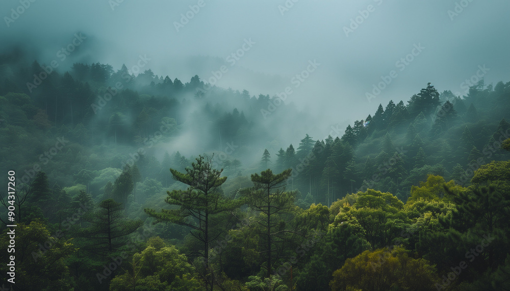 Misty forest landscape with dense trees and rolling hills enveloped in a soft, blue-green fog, creating an ethereal and tranquil atmosphere. Misty forest landscape with dense trees and rolling hills enveloped in a soft, blue-green fog, creating an ethereal and tranquil atmosphere.