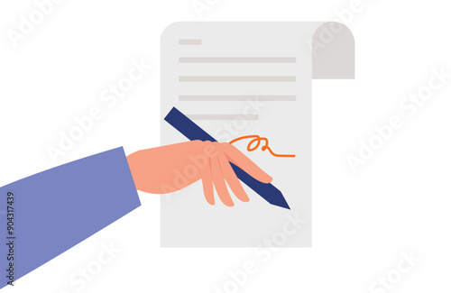 Hand signing a contract document. Character vector design. Flat illustration style.