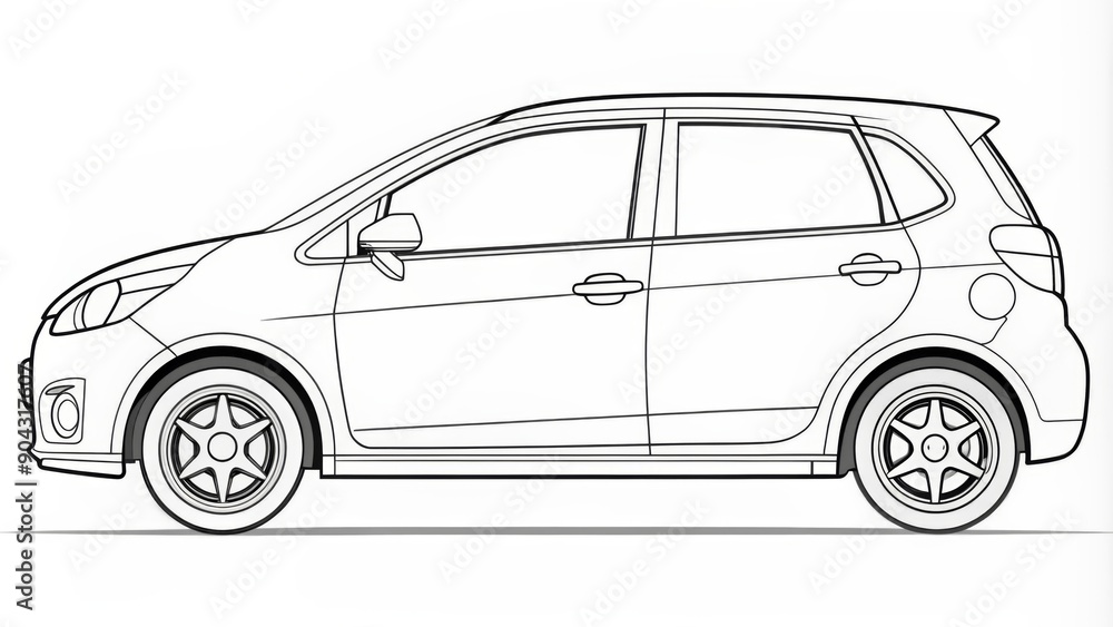 Side View Outline Drawing of a Compact Car with Detailed Wheels - Black and White Illustration, Line Art, Simple, Minimalist, Automotive, Transportation, Vehicle Side View Outline Drawing of a Compact Car with Detailed Wheels - Black and White Illustration, Line Art, Simple, Minimalist, Automotive, Transportation, Vehicle
