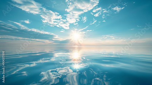 A serene sunset scene of water with a sun-kissed sky backdrop, the sun residing at its mirrored surface, dotted with wispy clouds.