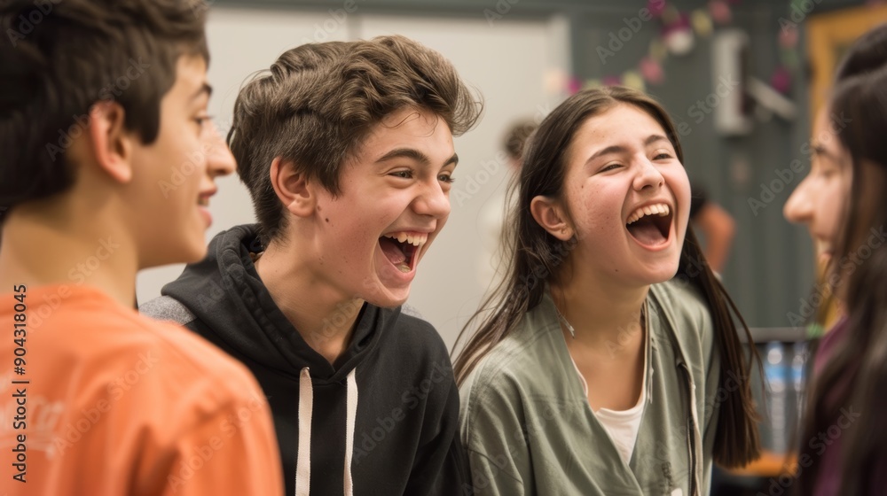 Students Performing Comedic Skit with Exaggerated Expressions and Humorous Interactions on Stage Students Performing Comedic Skit with Exaggerated Expressions and Humorous Interactions on Stage
