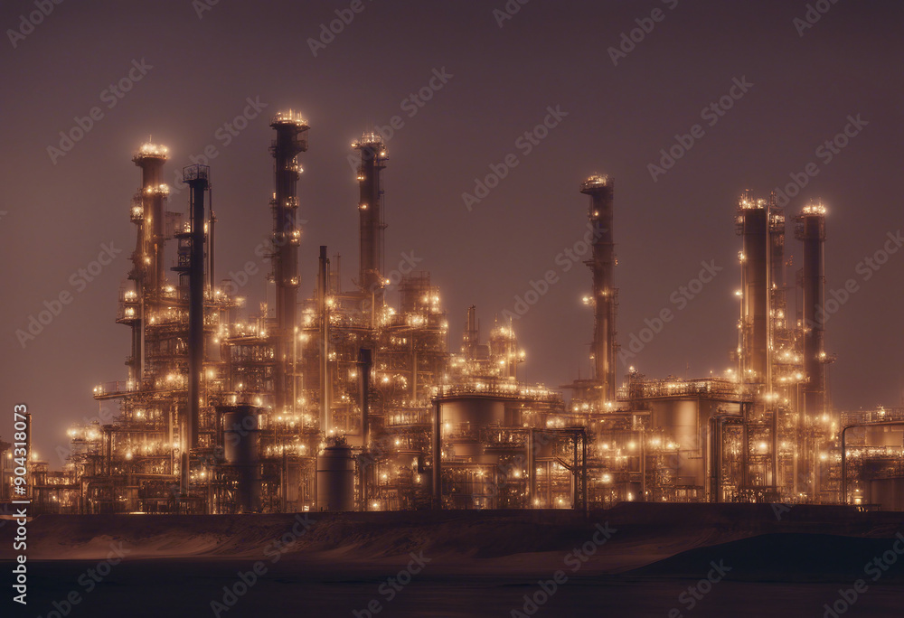 Oil refinery plant for crude oil industry on desert in evening twilight energy industrial machine fo Oil refinery plant for crude oil industry on desert in evening twilight energy industrial machine fo