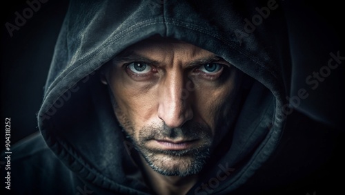 The Shadowed Gaze A Close-Up Portrait of a Man in a Hoodie, Eyes Intense, Face Hidden, Mysterious, Dark, Emotion, Suspense