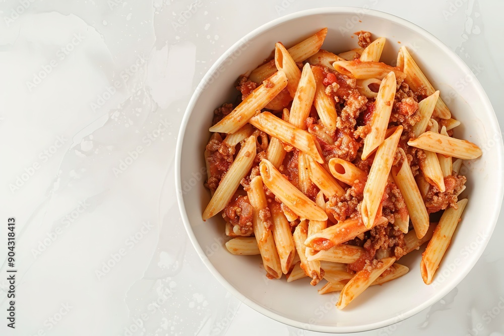 Penne pasta with tomato meat sauce in white bowl Penne pasta with tomato meat sauce in white bowl