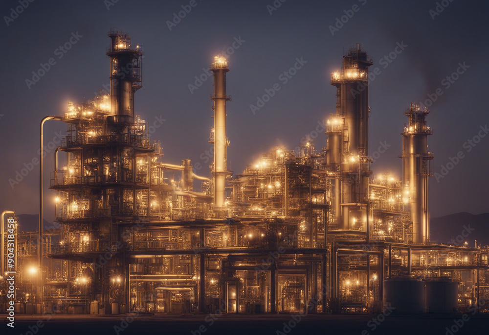 Fototapeta premium Oil refinery plant for crude oil industry on desert in evening twilight energy industrial machine fo