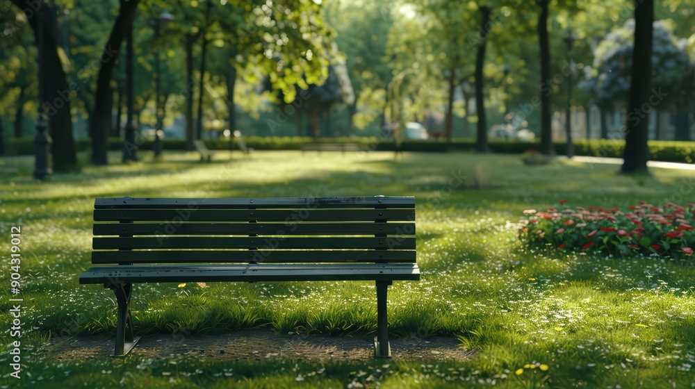 A solitary park bench sitting in a peaceful A solitary park bench sitting in a peaceful