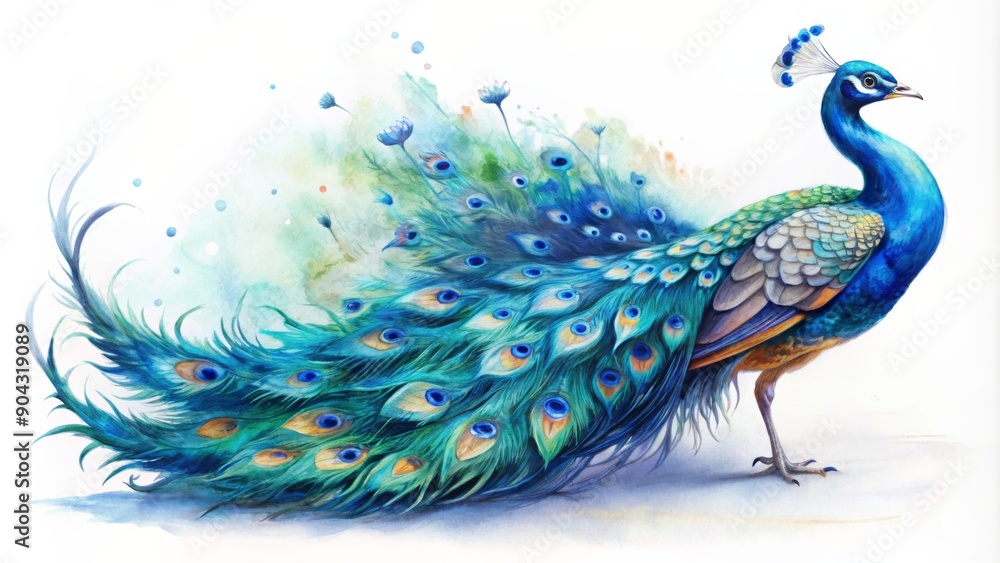 Fototapeta premium Watercolor Peacock with Blue and Green Feathers, Detailed Illustration, Bird of Paradise, Exotic, Nature, Wildlife, Art