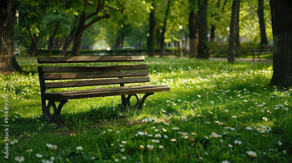 A solitary park bench sitting in a peaceful A solitary park bench sitting in a peaceful
