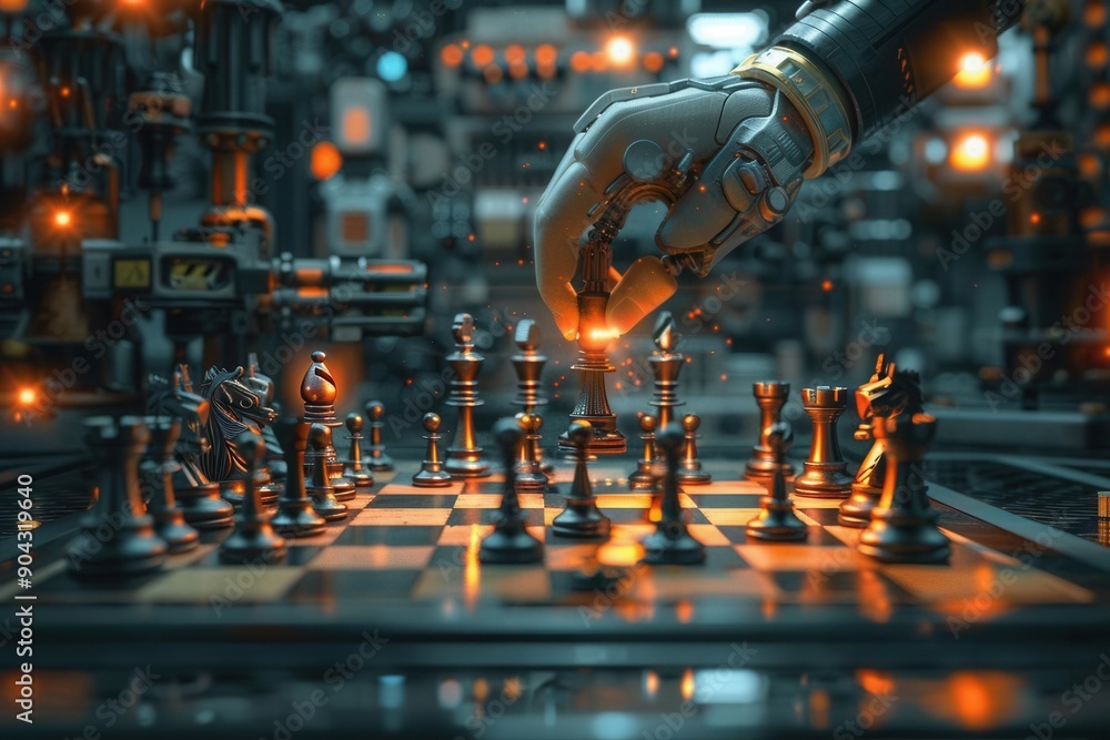 Digital artwork shows a chessboard with industrial machine parts. One hand leans in to make a strategic move. Digital artwork shows a chessboard with industrial machine parts. One hand leans in to make a strategic move.