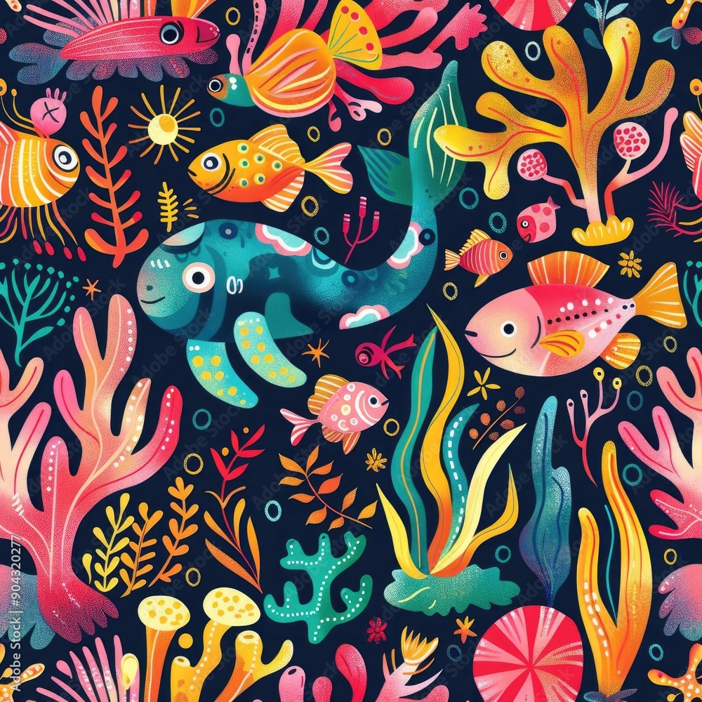 Fototapeta premium Whimsical eco-friendly seamless pattern with cute animals and plants, pastel colors, nature-inspired design, playful and bright