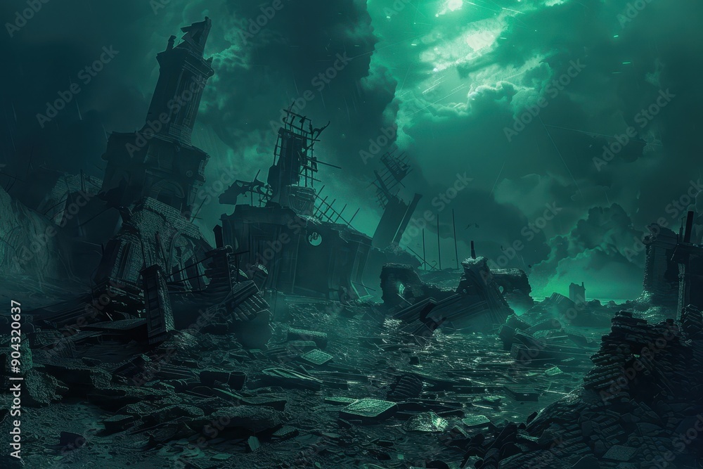 Apocalyptic cityscape in ruins with a dark stormy sky and green glow Apocalyptic cityscape in ruins with a dark stormy sky and green glow