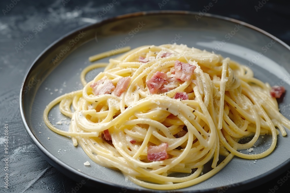 Fresh spaghetti carbonara on dark plate, Italian cuisine