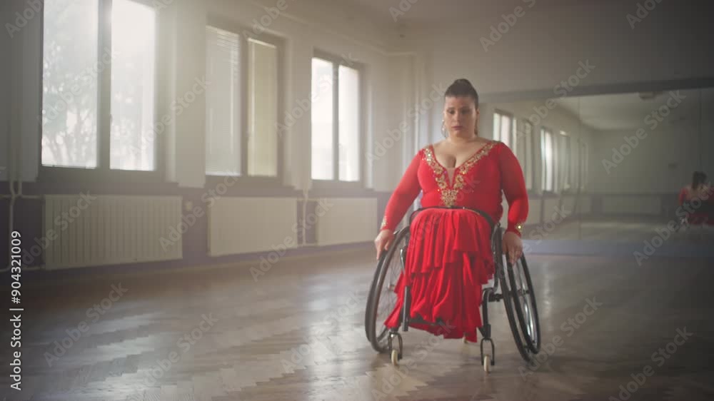 Portrait of a smiling confident woman with a disability, a wheelchair dancer in a dance studio. Determination and sport concept. Portrait of a smiling confident woman with a disability, a wheelchair dancer in a dance studio. Determination and sport concept.