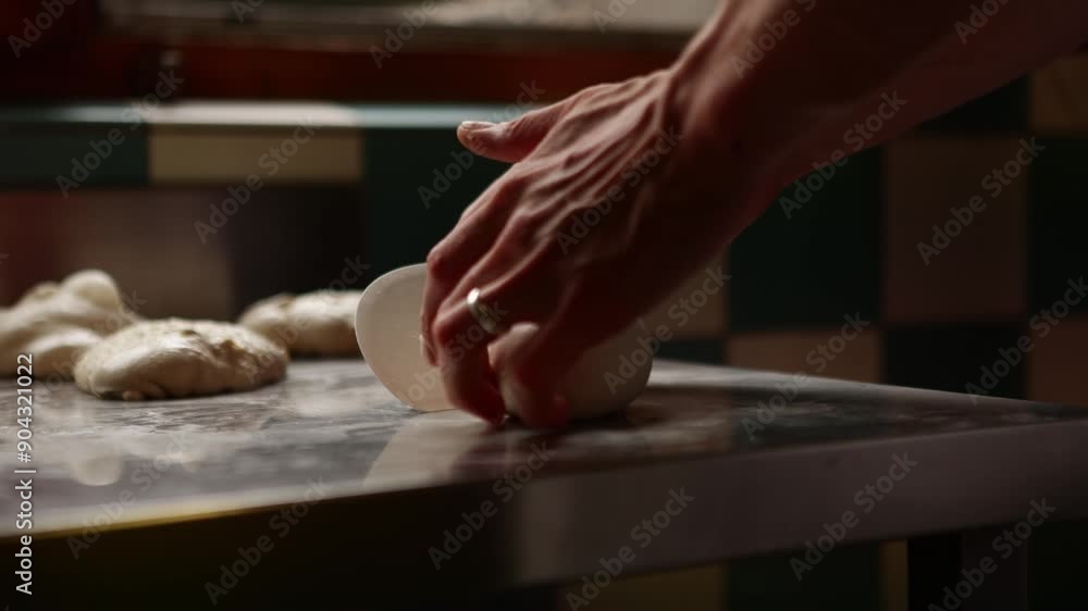 Handcrafting pizza dough on a marble countertop Handcrafting pizza dough on a marble countertop