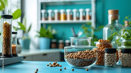 Pet food taster in a laboratory with various pet foods and scientific equipment, blank space for text